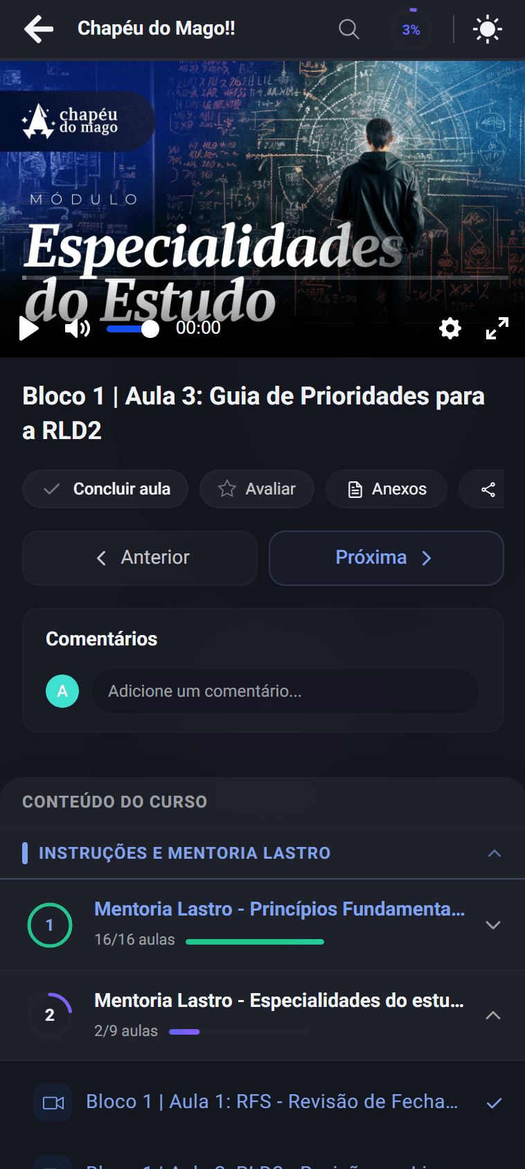 Tela de aulas do aluno